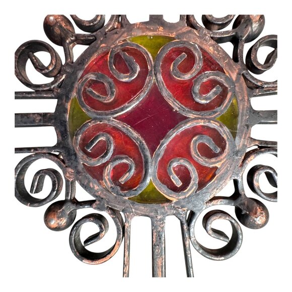 Vintage Ornate Scrolls Cross Red Green Stained Glass Centerpiece 12" Wall Decor - Picture 6 of 6